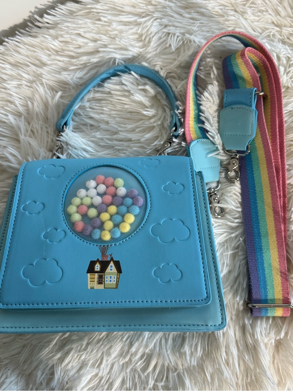 Loungefly Blue 'Up' Balloon House Crossbody Bag with Rainbow Strap